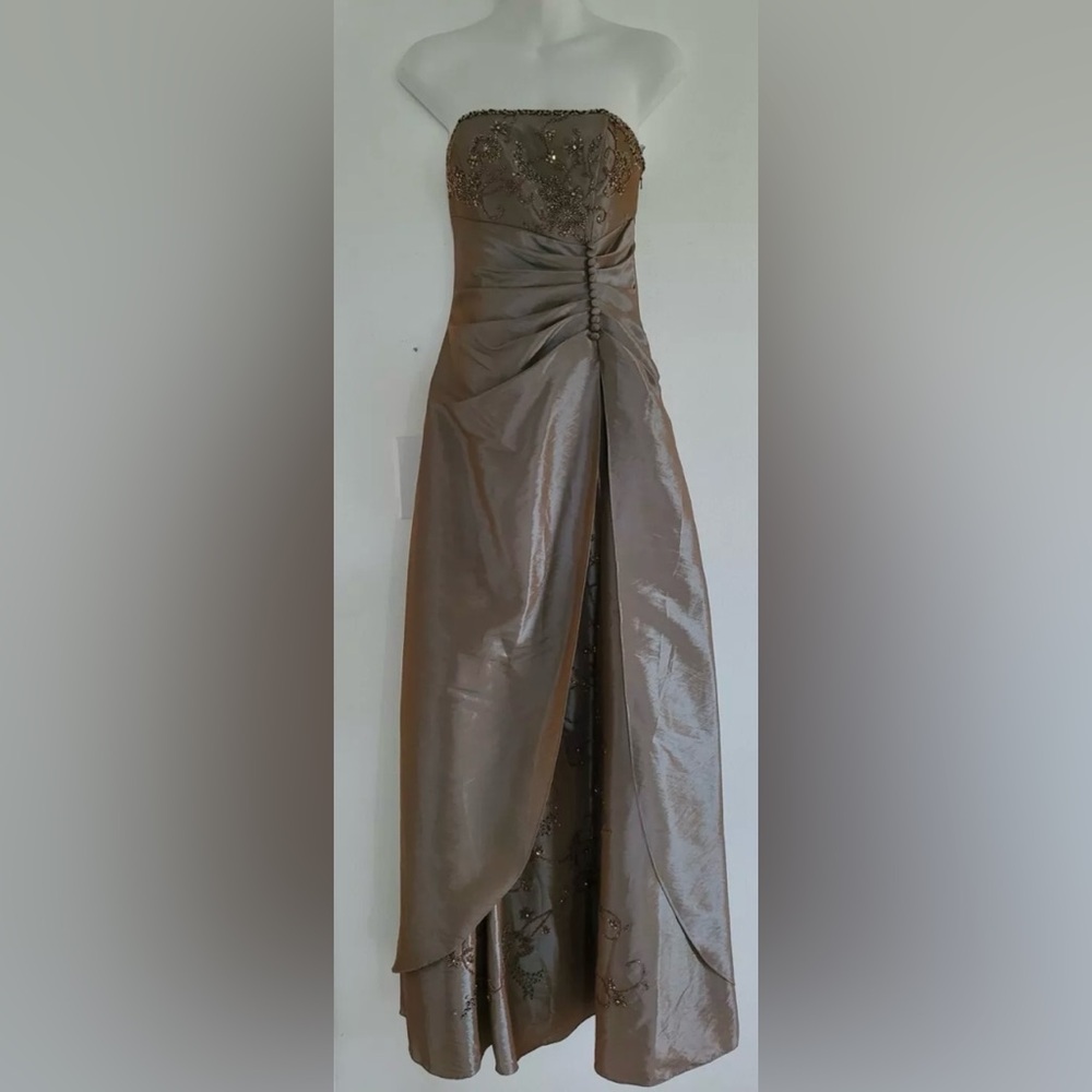 Tan Maxi Wrap Dress with Ruched Slit for formal Occasions